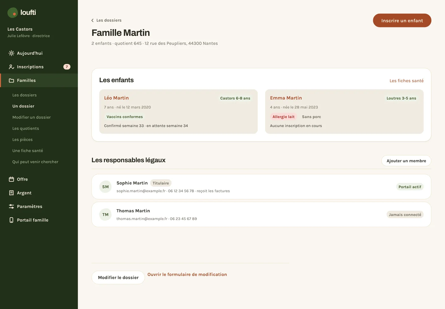 Le dossier de la famille Martin : deux enfants, deux responsables légaux, un quotient de 645.