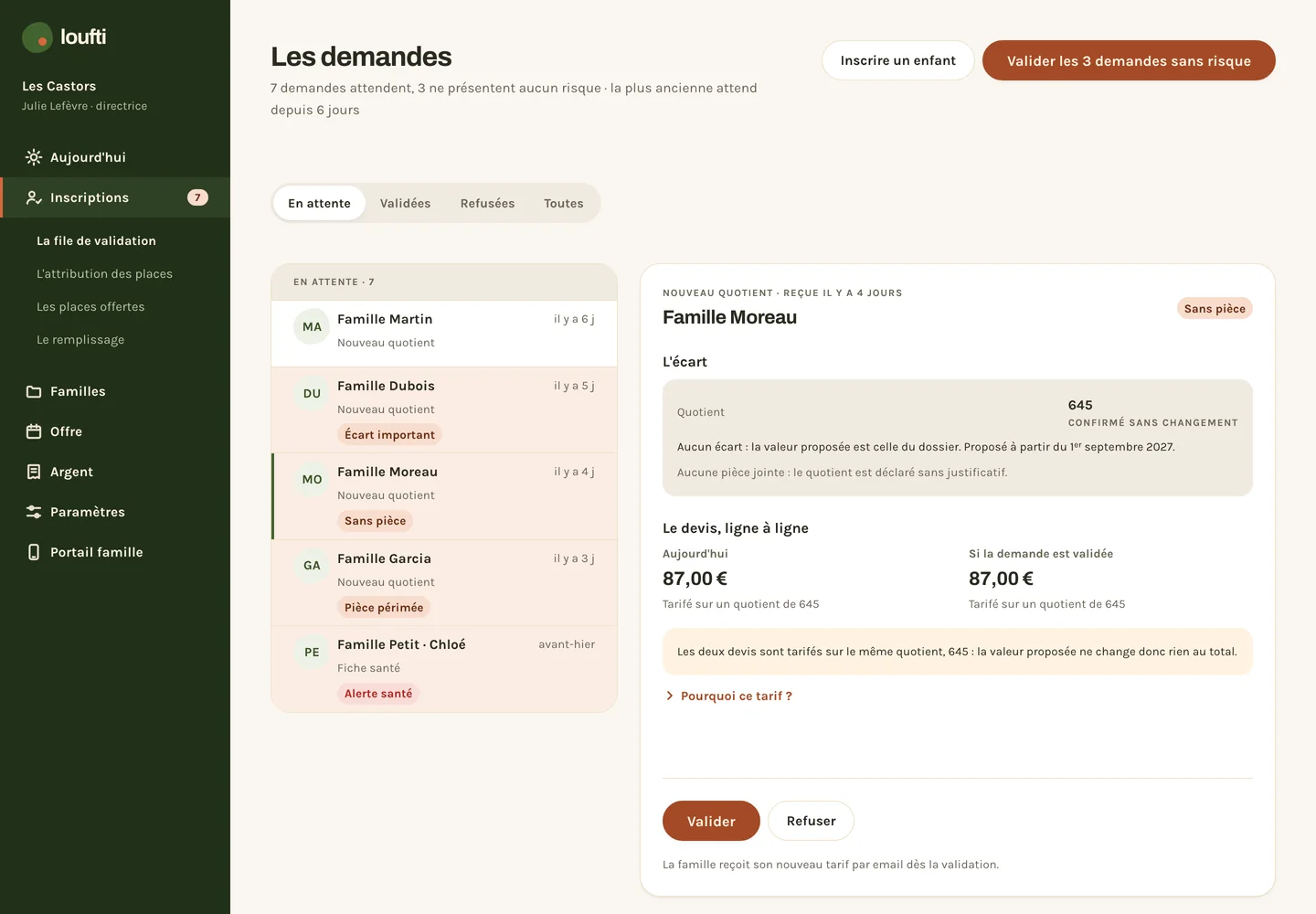 La file des demandes, avec le détail d'une demande de nouveau quotient et son devis.