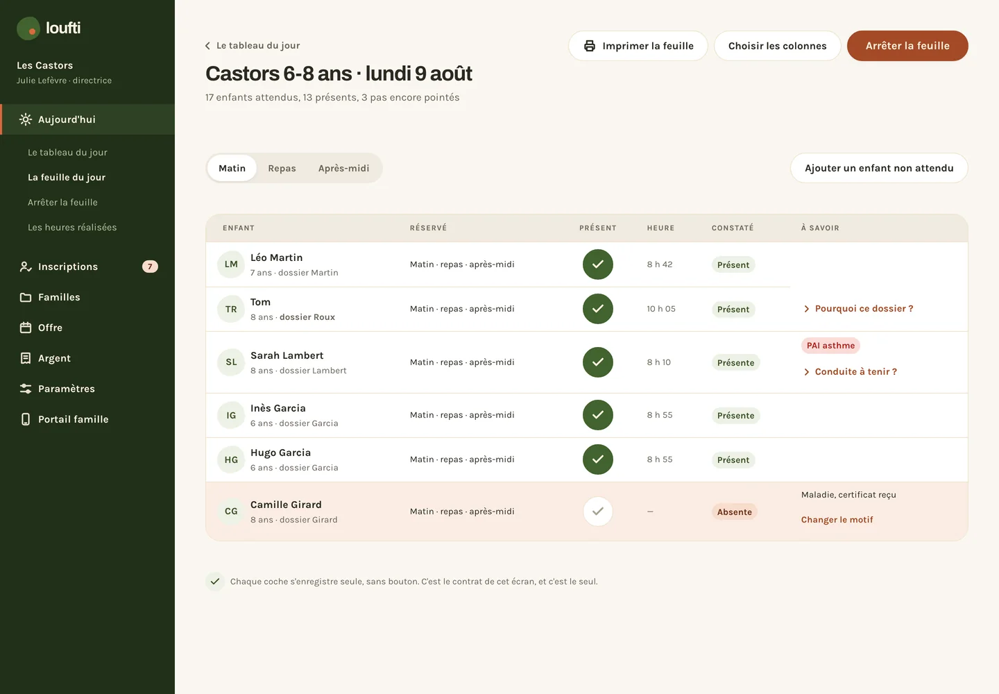La feuille de pointage des Castors : présences, heures d'arrivée et alertes santé.